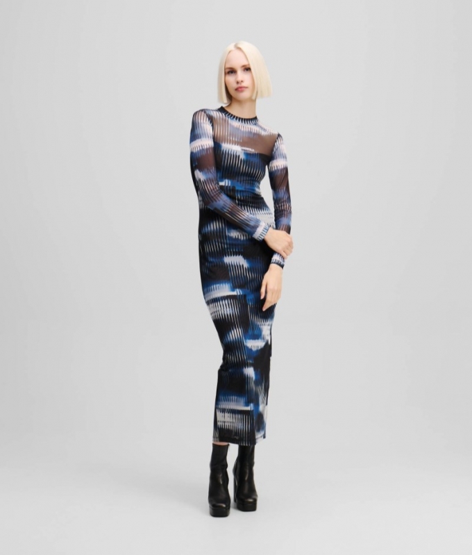 WOMEN'S GLITCH-PRINT MESH DRESS - All Over Midnight Glitched Glass Pattern