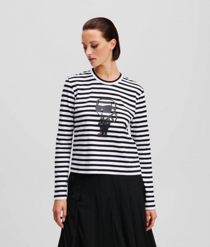 WOMEN'S IKON STRIPE LONG-SLEEVED T-SHIRT - Black-Cannoli Cream Stripe