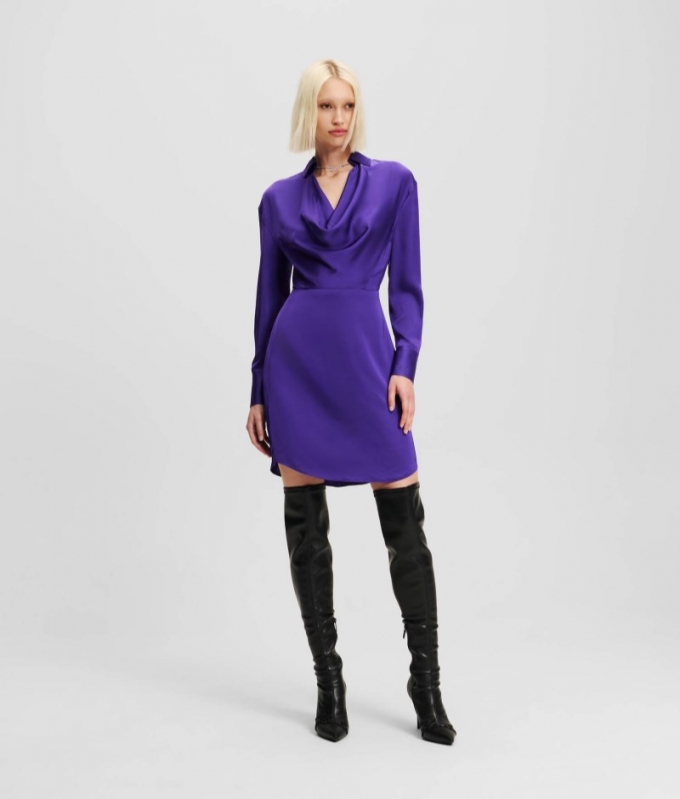 WOMEN'S KARL SIGNATURE CHAIN SATIN DRESS - Deep Purple