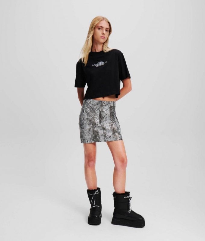 WOMEN'S KLJ FAUX-LEATHER SNAKE-PRINT SKIRT - Black Snake