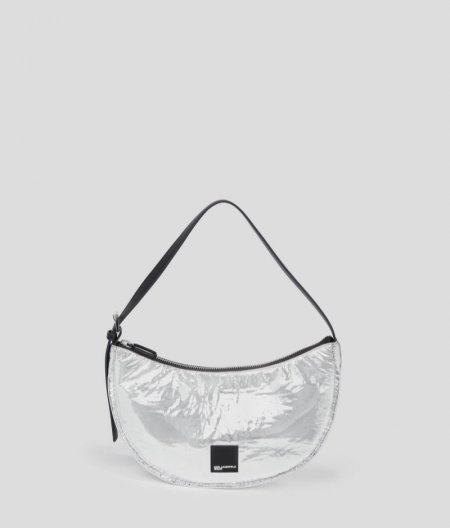 WOMEN'S KLJ BOX LOGO METALLIC HALF-MOON SHOULDER BAG - Silver