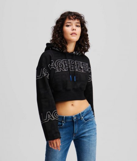 WOMEN'S OVERSIZED CROPPED HOODIE - All Over Logo Pattern Black-White