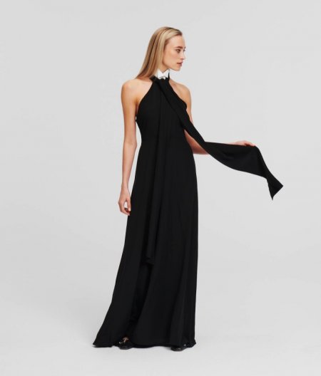 WOMEN'S COLLAR AND BOWTIE MAXI DRESS - Black/White