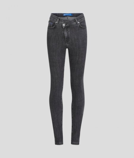 WOMEN'S SKINNY JEANS with Wrap Over Waistband - STONE WASHED BLACK