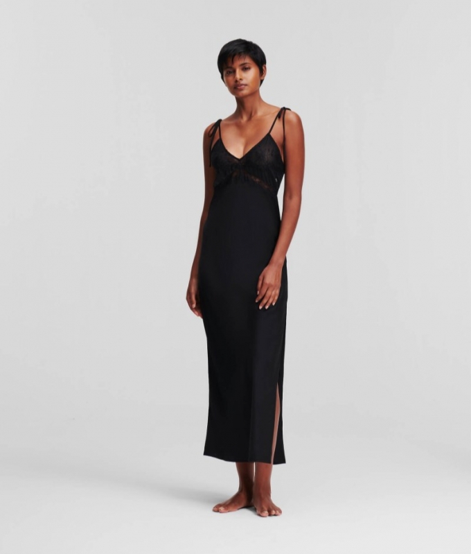 WOMEN'S LACE TRIM MAXI NEGLIGEE - Black