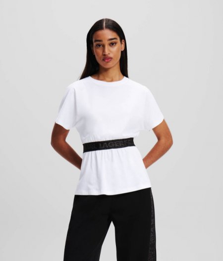 WOMEN'S GLITTER KARL LOGO TAPE T-SHIRT - White