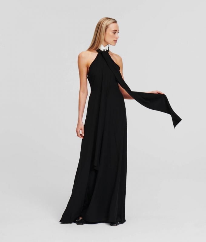 WOMEN'S COLLAR AND BOWTIE MAXI DRESS - Black/White