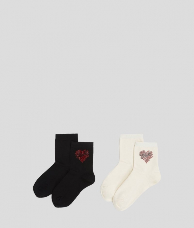 WOMEN'S K/HEART RHINESTONE SOCKS – 2-PACK - Black/Cream