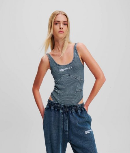 WOMEN'S KLJ RIBBED ACID-WASH BODYSUIT - Blue Indigo