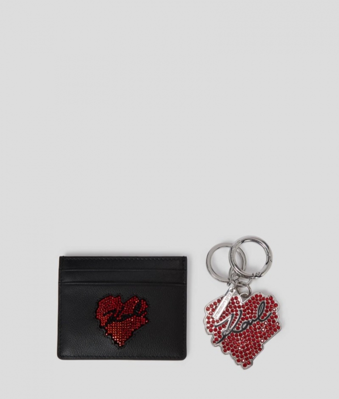 WOMEN'S K/HEART CARDHOLDER AND KEYCHAIN GIFT SET - Black