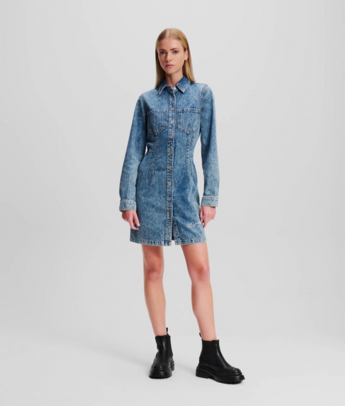 WOMEN'S KLJ LONG-SLEEVED DENIM DRESS - Stone Washed Bright Blue