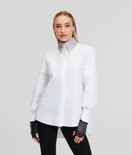 WOMEN'S KARL ESSENTIALS RHINESTONE COLLAR SHIRT - White