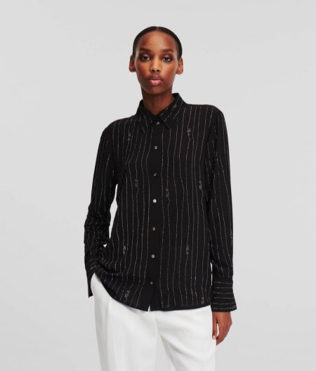 WOMEN'S RHINESTONE PINSTRIPE SHIRT - Black