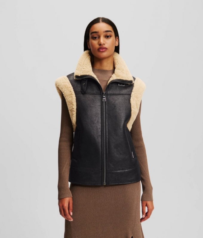 WOMEN'S FAUX SUEDE GILET - Black/Light Beige