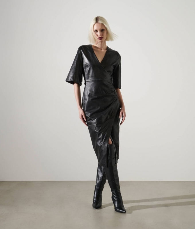 WOMEN'S KARL STUDIO LEATHER WRAP DRESS - Black