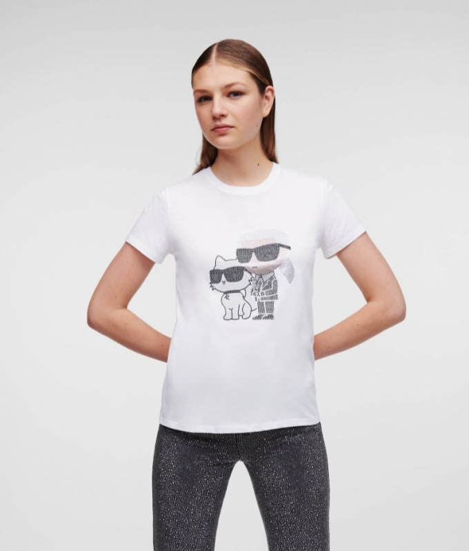 WOMEN'S KARL IKON RHINESTONE KARL & CHOUPETTE T-SHIRT - White