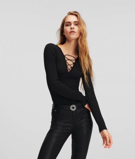 WOMEN'S LACE-UP KNITTED BODYSUIT - Black