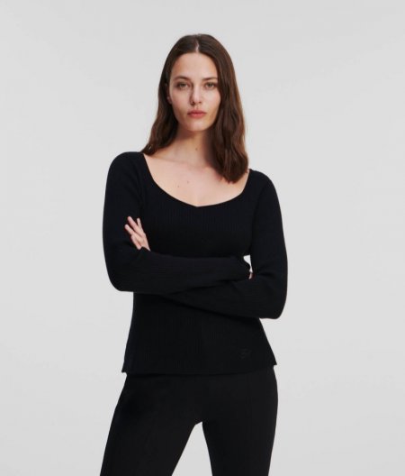 WOMEN'S LONG-SLEEVED RIB KNIT TOP - Black