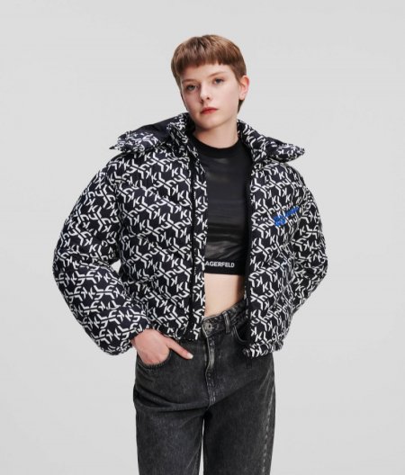 WOMEN'S KLJ MONOGRAM PUFFER JACKET - Black White All Over Print