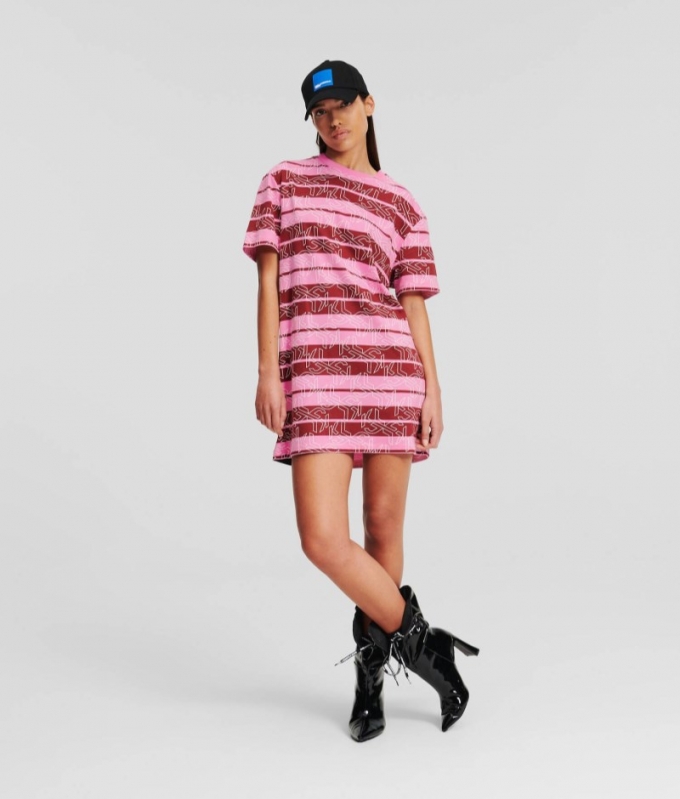 WOMEN'S KLJ MONOGRAM STRIPED T-SHIRT DRESS - MOONLIGHT MAUVE AOP