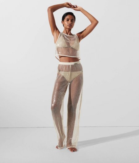 WOMEN'S SEQUIN MESH TROUSERS - Beige/Gold