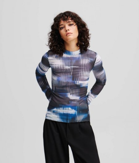 WOMEN'S GLITCH PRINT MESH TOP - All Over Midnight Glitched Glass Pattern