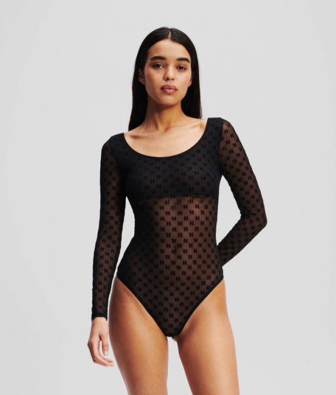 WOMEN'S KL MONOGRAM LONG-SLEEVED MESH BODYSUIT - Black