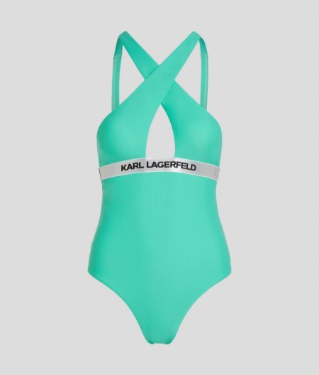 WOMEN'S KARL LOGO HALTER SWIMSUIT - Dazzling Blue