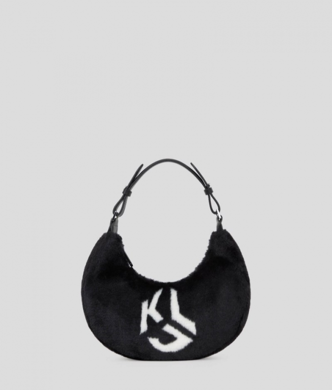 WOMEN'S KLJ FAUX-FUR HALF-MOON SHOULDER BAG - BLACK