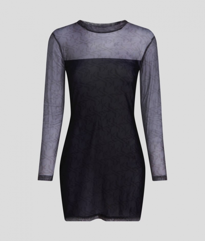 WOMEN'S KLJ MONOGRAM LONG-SLEEVED MESH DRESS - BLACK MONOGRAM Pattern