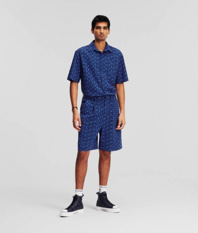 MEN'S KARL LOGO WOVEN SHORTS - Elongated Logo Pattern Blue