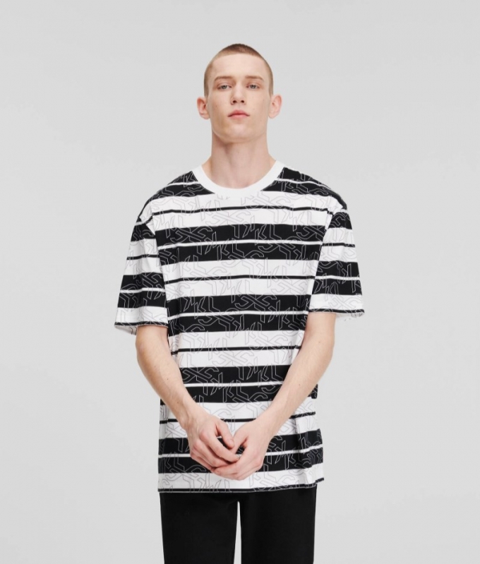 MEN'S KLJ MONOGRAM STRIPED T-SHIRT - Black White All Over Print