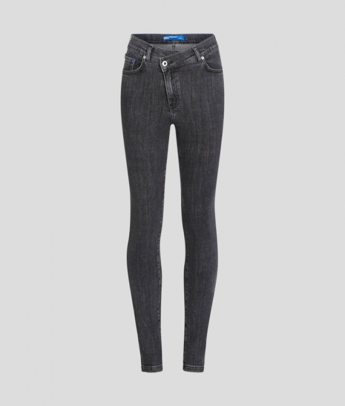 WOMEN'S SKINNY JEANS with Wrap Over Waistband - STONE WASHED BLACK