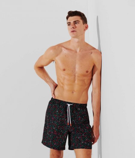 MEN'S GEOMETRIC PRINT BOARD SHORTS - Geometric Black Pattern