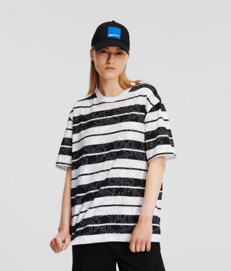 WOMEN'S KLJ MONOGRAM STRIPE T-SHIRT - Black White All Over Print