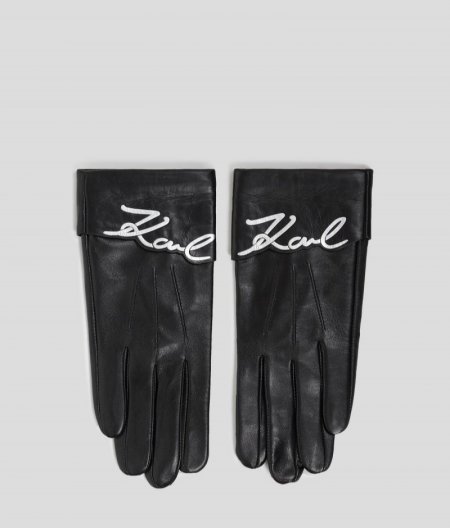 WOMEN'S K/SIGNATURE LEATHER GLOVES - Black