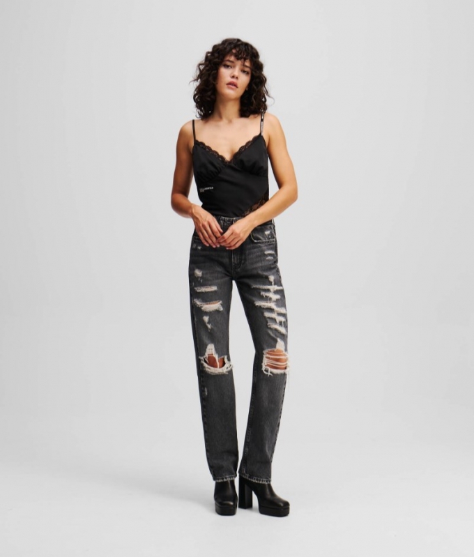 WOMEN'S DISTRESSED HIGH-RISE STRAIGHT JEANS - Black Destructed