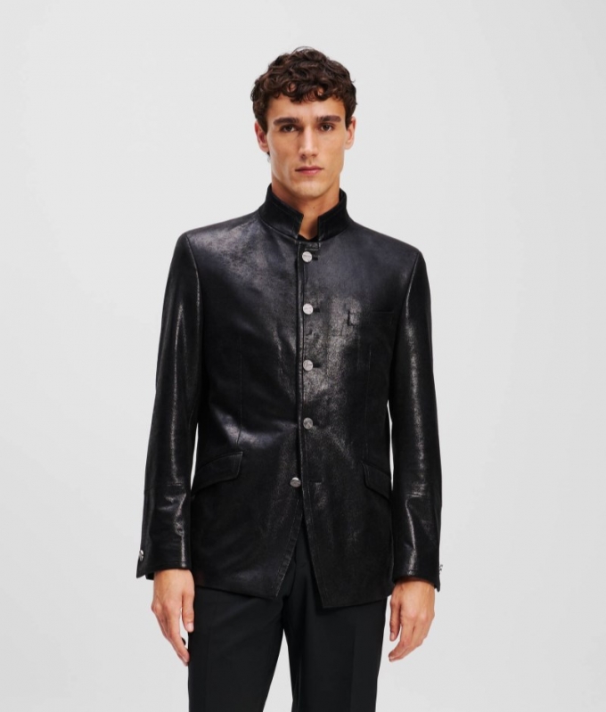 MEN'S FAUX-LEATHER STAND-UP COLLAR JACKET - Black