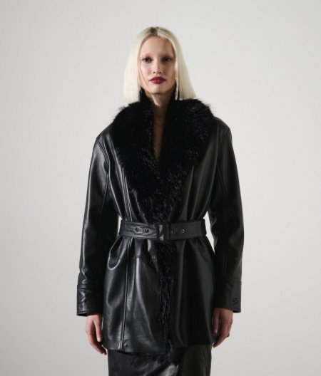 WOMEN'S KARL STUDIO LEATHER COAT WITH FAUX-FUR COLLAR - Black