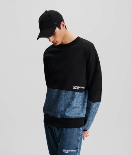 MEN'S KLJ DENIM PANELED SWEATSHIRT - Black/Stone Washed Bright Blue