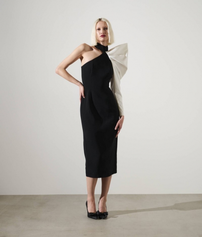 WOMEN'S KARL STUDIO ASYMMETRIC MIDI DRESS - Black/White