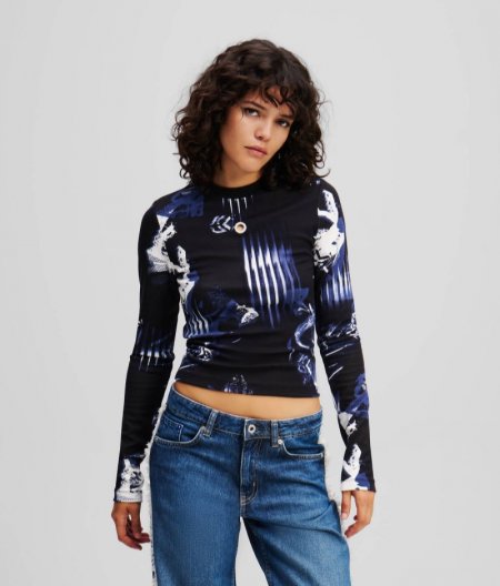 WOMEN'S LONG-SLEEVED DIGITAL PRINT TOP - All Over Midnight Collage Pattern