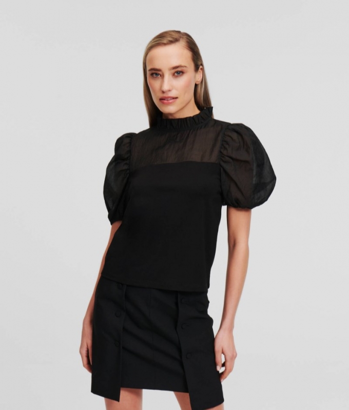 WOMEN'S ORGANZA PANELED TOP - Black