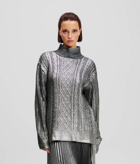 WOMEN'S METALLIC CABLE KNIT SWEATER - Gunmetal