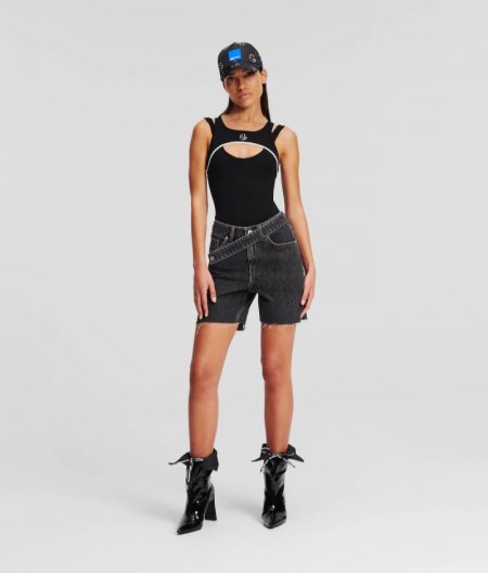 WOMEN'S KLJ HIGH-RISE TAPERED DENIM SHORTS - STONE BLACK