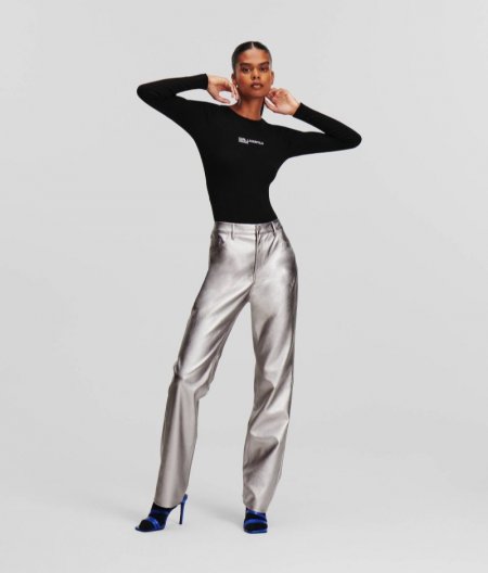 WOMEN'S KLJ METALLIC FAUX-LEATHER TROUSERS - SILVER