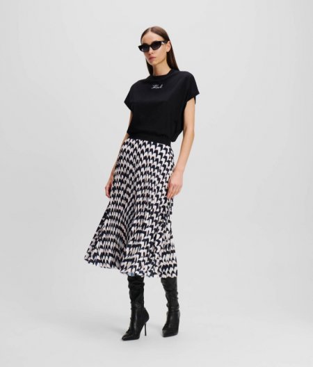 WOMEN'S PLEATED MIDI SKIRT - Black/White/Pink Chevron