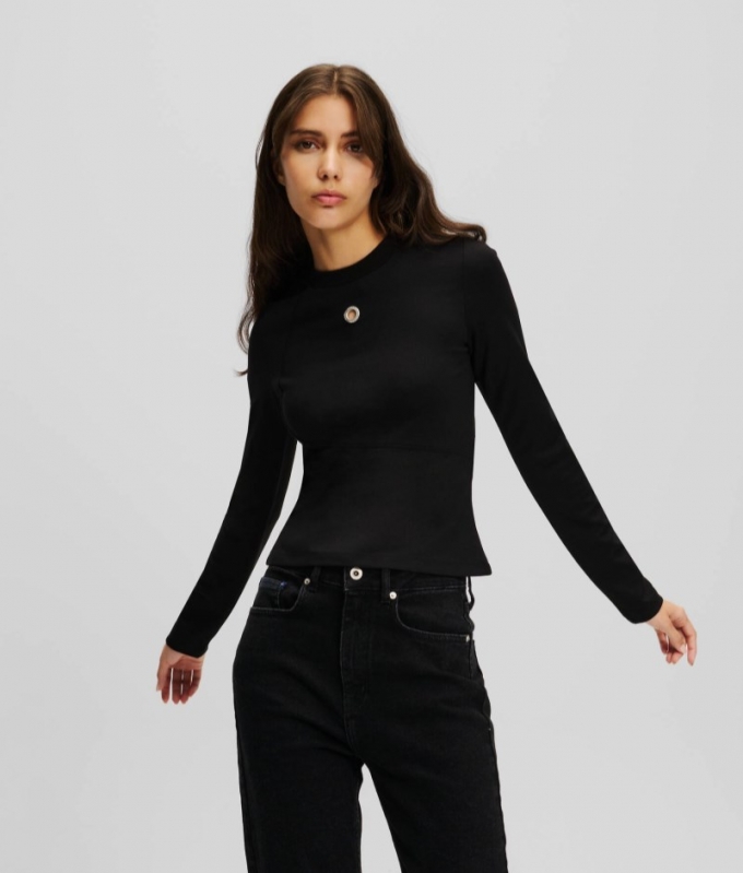 WOMEN'S KLJ LONG-SLEEVED EYELET TOP - BLACK