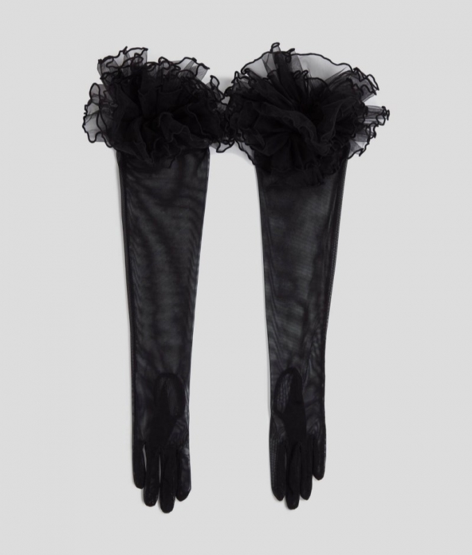 WOMEN'S K/SIGNATURE LONG RUFFLED GLOVES - Black