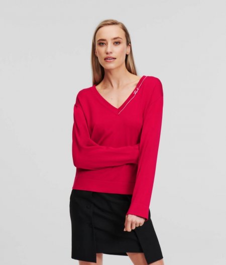 WOMEN'S KARL SIGNATURE V-NECK SWEATER - Persian Red